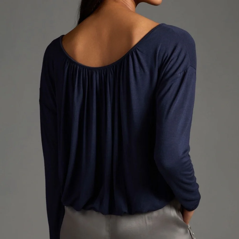 Anthropologie Maeve Long-Sleeve Bubble Top in Navy Blue - Picture 4 of 4